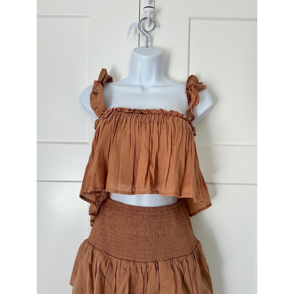 Mable Women Smocked Two Piece Set Terracotta Brown Ruffle Crop Top Tiered Skirt